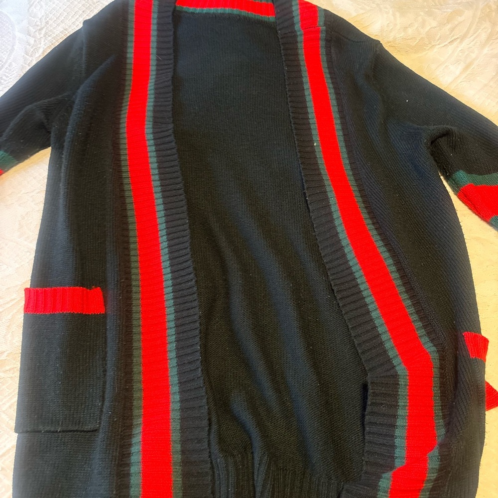 Elegant Black Cardigan with Red and Green Stripes